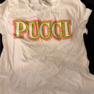 Emilio Pucci White Kids Tee with Green and Pink Logo